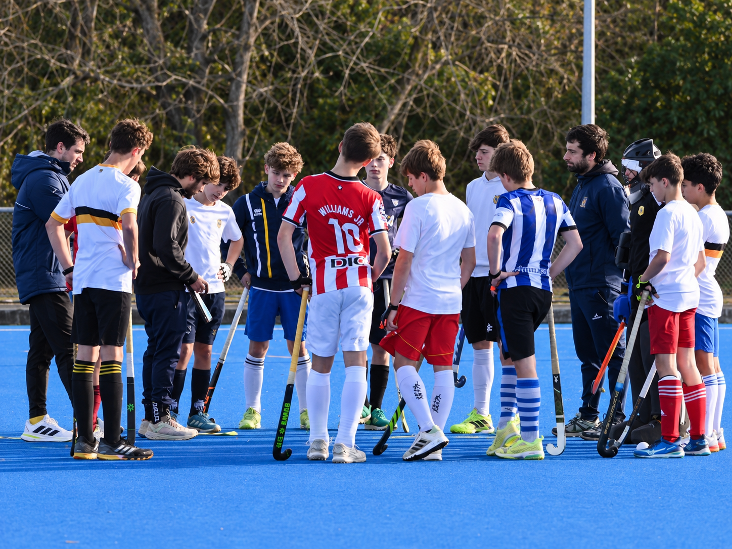 Equipo deportivo reunido en un campo de hockey